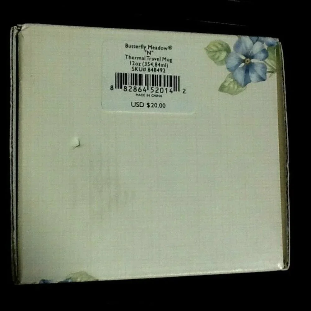 brand new HEAVY Lenox Butterfly Meadow Initial N 12-oz Porcelain Tumbler w/ Lid